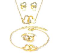 KONFEN Bijoux pour Femmes, Bijoux en Précieuses étincelantes pour Mariage, Collier Boucles d'oreilles et Bracelet en Forme de Double Amour, Cadeaux d'anniversaire et de Mariage, Or