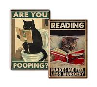KONFEN Chat Métal Tin Sign, are You Pooping + Chat Qui Lit Vintage Panneau Métal Étain Signe Tin Signs Plaque Métallique Décorative Wall Decor pour Maison Mur Café Pubs Toilettes Porte 8x12 Pouces