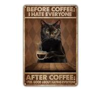 KONFEN Chat Métal Tin Sign, Chat Qui Boit du Café Vintage Panneau Métal Étain Signe Tin Signs Plaque Métallique Décorative Wall Decor pour Café Pubs Bar Maison Mur Porte 8x12 Pouces