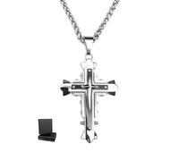 KONFEN Collier Croix Pendentif Homme, 3mm * 24" Croix Chaine 304 Acier Inoxydable pour Homme Femme, 60cm Chaîne Croix à Emboîtement Hip Hop Cadeau d'anniversaire pour Homme Garçons (Argent et Noir)