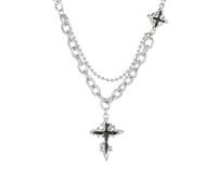 KONFEN Collier Croix Pour Homme, Collier Pendentif Croix Avec Chaîne, Bijoux Chrétiens en Strass Pour Homme/Femme, Cadeau D'Anniversaire/NoëL/Pâques/Merci, Argent, Acier Titane + Alliage