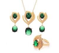KONFEN Emerald Zircon Parures pour Femme, Parure Bijoux Femme Collier Parure de Feuilles Boucle D'oreille Entouré D'une Gerbe de blé Longueur Ajustable, Premium Fête our Femmes 3 PCS, Vert