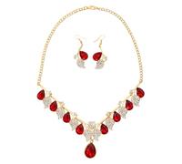 KONFEN Ensemble de Bijoux pour Femmes, Collier à Chaîne Réglable Branche Cubique, Boucles d'oreilles en Forme de Feuille pour Femmes, Anniversaire Mariage Cadeau de Costume, Rouge