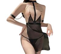 KONFEN Ensemble de Lingerie Erotique pour Femmes, Chaine Sexy Nipple Clip Bells sous-vêtements en Dentelle Transparente, Seductive SM Open Bra and Panties Set, Taille Unique(Noir/Rouge)