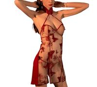 KONFEN Ensemble de Lingerie érotique pour Femmes, sous-vêtements Sexy à Bretelles en Dentelle translucide, Ensemble de Soutien-Gorge et de Culotte Ouverts et séduisants, Taille Unique (Noir/Rouge)