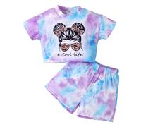 KONFEN Ensemble Enfant Fille Ete, Tie-dye Crop Top Manche Courte + Short, Tenue de Vêtements Tailleur Tee Shirt Manche Courte et Shorts Ensemble 2 Pièces Violet et Bleu pour Enfant Fille 18-24 Mois