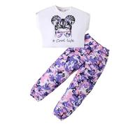 KONFEN Ensembles Fille Vetement Fille, Hip-hop Crop Top + Pantalon Camouflage avec Poche, T-shirts Manches Courtes et Pantalon Sport Ensemble Vêtements Eté Automne pour Filles 5-6 Ans, Violet
