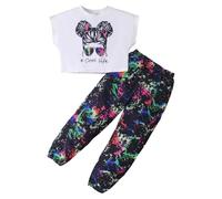 KONFEN Ensembles Fille Vetement Fille, Hip-hop Crop Top + Pantalon Camouflage avec Poche, T-shirts Manches Courtes et Pantalon Sport Ensemble Vêtements Eté Automne pour Filles 7-8 Ans, Noir