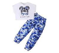 KONFEN Ensembles Fille Vetement Fille, Hip-hop Crop Top + Pantalon Camouflage avec Poche, T-shirts Manches Courtes et Pantalon Sport Ensemble Vêtements Eté Automne pour Filles 5-6 Ans, Bleu