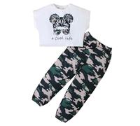KONFEN Ensembles Fille Vetement Fille, Hip-hop Crop Top + Pantalon Camouflage avec Poche, T-shirts Manches Courtes et Pantalon Sport Ensemble Vêtements Eté Automne pour Filles 6-7 Ans, Vert