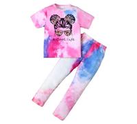KONFEN Ensembles Fille Vetement Fille, Tie-dye Hip-hop Top + Pantalon, T-shirts Manches Courtes et Pantalon Sport Ensemble Vêtements Eté Automne pour Filles 9-10 Ans, Violet
