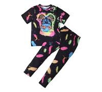 KONFEN Ensembles Fille Vetement Fille, Tie-dye Hip-hop Top + Pantalon, T-shirts Manches Courtes et Pantalon Sport Ensemble Vêtements Eté Automne pour Filles 9-10 Ans, Noir