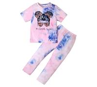 KONFEN Ensembles Fille Vetement Fille, Tie-dye Hip-hop Top + Pantalon, T-shirts Manches Courtes et Pantalon Sport Ensemble Vêtements Eté Automne pour Filles 8-9 Ans, Rose et Bleu