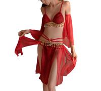 KONFEN Femme Sexy Ensemble de Lingerie, Ensemble sous-Vêtements Babydoll, Porte Jarretelles Soutien-Gorge et Culotte Nuisette, Tenue de Nuit pour Femmes, Taille Unique, Rouge