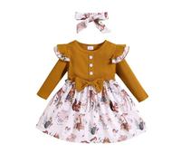 KONFEN Robe Bebe Fille - Robes de Noël Bébé Fille à Volants Manches Longues avec Nœud + Bandeau 2 pièces pour Bebe Fille Toddler 0-3 Ans pour Printemps Automne Hiver (Noël/Animal Motif)