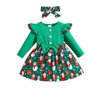 KONFEN Robe Noel Bebe Fille - Robes de Noël Bébé Fille à Volants Manches Longues avec Nœud + Bandeau 2 pièces pour Bebe Fille Toddler 6-9 Mois pour Printemps Automne Hiver (Noël Motif)