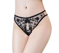 KONFEN String érotique en Maille pour Femme, Dentelle Entrejambe Ouvert Crotchless Tanga, Slip Ouvert Strings Taille Basse Thongs, Floral Lingerie Culottes Panty Hipster, Noir, Taille Unique