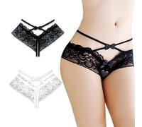 KONFEN String Sexy Tanga Femme, Sexy Culottes Dentelle Chic Culotte Ouvert, Transparente Taille Basse Slips Lingerie Femme sous Vêtement Stretch Slips Panties 2 Pièces, Noir + Blanc