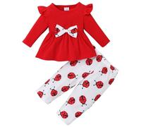 KONFEN Vetement Bebe Fille, Coccinelle Manche Longues avec Nœud Papillon avec Volants + Pantalon, Tenue de Vêtements Ensemble 2 Pièces Top et Pantalon Rouge pour Bébé Nouveau-né Bebe Fille 18-24 Mois