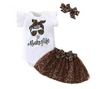 KONFEN Vetement Bebe Tenue de Vêtements pour Bébé Nouveau-né Manche Courte Body Barboteuse + Imprimé Léopard Maille Jupe + Bandeau Ensemble 3 pièces pour Bebe Fille 9-12 Mois