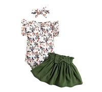 KONFEN Vetement Bebe Tenue de Vêtements pour Bébé Nouveau-né Manche Courte Florales Body Barboteuse + Jupe + Bandeau Ensemble 3 pièces pour Bebe Fille 18-24 Mois