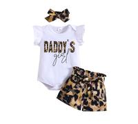 KONFEN Vetement Bebe Tenue de Vêtements pour Bébé Nouveau-né Manche Courte Imprimé léopard Body Barboteuse + Short + Ceinture Bandeau Ensemble 4 pièces pour Bebe Fille 12-18 Mois