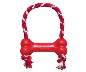 KONG Goodie Bone avec Corde Os Classique, Rouge, Taille XS | Os en Caoutchouc Naturel Rouge avec Corde en Coton, Goodie Gripper Remplissable avec Friandises pour Prolonger le Jeu