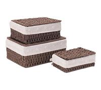 Kongming Panier Rangement Tressé 3 pièces Panier Osier avec Couvercle et Doublure Empilables Boite Rangement Rectangulaire pour Étagères Chambre, Salle de Bain (Brun foncé)
