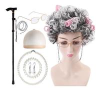 Kongou Perruque De Grand-mère Cosplay, 9 Costume De Vieille Dame Pour Femmes, Comprend Perruque, Canne, Chaîne De Lunettes, Collier De Perles, Boucles D'oreilles, Bracelets Et Bigoudis.