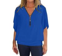 KonJim Chemisier d'été tendance en mousseline de soie pour femme - Manches chauve-souris - Col en V - Fermeture éclair - Style décontracté - Ourlet à bandes - Tunique en maille transparente, bleu, 5XL
