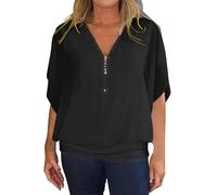 KonJim Chemisier d'été tendance en mousseline de soie pour femme - Manches chauve-souris - Col en V - Fermeture éclair - Style décontracté - Ourlet à bandes - Tunique en maille transparente, Noir , M