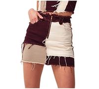 KonJim Mini jupe courte en jean extensible à franges délavées effilochées pour femme - Taille haute - Ourlet décontracté, café, L