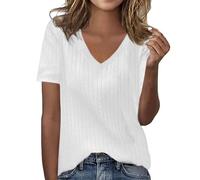 KonJim Pull à manches courtes décontracté pour femme avec col en V - Coupe ample - Léger - Coupe ajustée - Haut basique en tricot côtelé, blanc, L