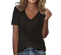 KonJim Pull à manches courtes décontracté pour femme avec col en V - Coupe ample - Léger - Coupe ajustée - Haut basique en tricot côtelé, Noir , L