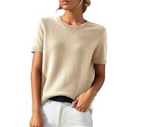 KonJim Pull tricoté à manches courtes pour femme - Col rond - Coupe ample - Léger - Pour le bureau, le travail, l'été, la plage, beige, XL