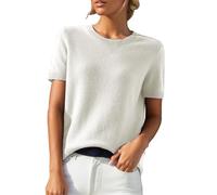 KonJim Pull tricoté à manches courtes pour femme - Col rond - Coupe ample - Léger - Pour le bureau, le travail, l'été, la plage, blanc, L