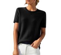 KonJim Pull tricoté à manches courtes pour femme - Col rond - Coupe ample - Léger - Pour le bureau, le travail, l'été, la plage, Noir , M