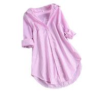 KonJim Robe chemise à rayures pour femme - Col boutonné - Manches pliées - Coupe ample - Ourlet bas - Mini robe chemisier avec poche, rose, XXXL