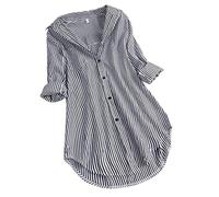 KonJim Robe chemise à rayures pour femme - Col boutonné - Manches pliées - Coupe ample - Ourlet bas - Mini robe chemisier avec poche, Noir , M