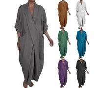 KonJim Robe longue en coton et lin pour femme, manches 3/4, col en V, robe caftan longue froncée grande taille avec poches, robe de plage surdimensionnée, style bohème, robe de plage fluide, gris, S