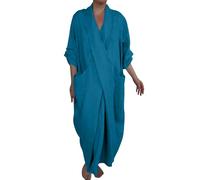 KonJim Robe longue en coton et lin pour femme, manches 3/4, col en V, robe caftan longue froncée grande taille avec poches, robe de plage surdimensionnée, style bohème, robe de plage fluide, bleu, M