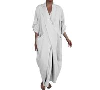 KonJim Robe longue en coton et lin pour femme, manches 3/4, col en V, robe caftan longue froncée grande taille avec poches, robe de plage surdimensionnée, style bohème, robe de plage fluide, blanc, XL
