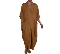 KonJim Robe longue en coton et lin pour femme, manches 3/4, col en V, robe caftan longue froncée grande taille avec poches, robe de plage surdimensionnée, style bohème, robe de plage fluide, doré, M