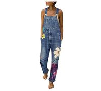 KonJim Salopette en jean tendance pour femme - Bretelles réglables - Poches - Imprimé floral vieilli - Combinaison en jean, bleu, XL