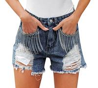 KonJim Short d'été en jean extensible avec pompons en diamant pour femme - Ourlet brut effiloché - Style décontracté - Taille haute - Avec franges en strass, bleu, S