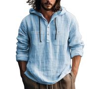 KonJim Sweat à capuche Henley décontracté à manches longues en coton et lin pour homme - Léger et respirant - Avec poches à rabat - Style hippie, yoga, plage, hawaïen, bleu, XL