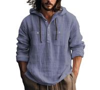 KonJim Sweat à capuche Henley décontracté à manches longues en coton et lin pour homme - Léger et respirant - Avec poches à rabat - Style hippie, yoga, plage, hawaïen, bleu marine, S