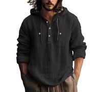 KonJim Sweat à capuche Henley décontracté à manches longues en coton et lin pour homme - Léger et respirant - Avec poches à rabat - Style hippie, yoga, plage, hawaïen, Noir , XL