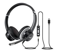 KONNAO Casque USB 3,5 mm avec Microphone à Réduction de Bruit - Stéréo pour PC avec Contrôle en Ligne - Filaire pour Skype Zoom - Noir Foncé