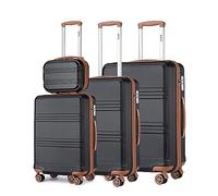 Kono Set de 4 Valises Rigide Bagage Cabine 55cm + Valise Moyenne 65cm + Valise Grande 74cm avec 4 roulettes et Serrure TSA + Vanity Case, Noir/Marron